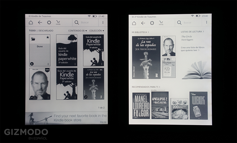 A la izquierda, el Kindle Paperwhite. A la derecha, el Oasis. Ambos con la retroiluminación al 100%.